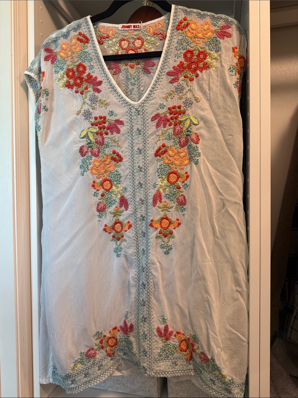 Johnny Was Light Blue Embroidered tunic with Multicolor Floral Accents